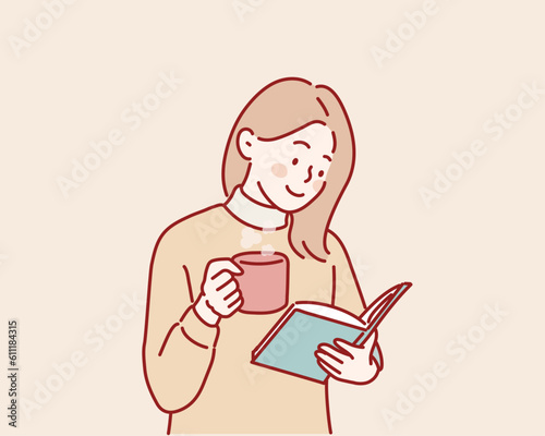 comforting happy cozy woman in knitted winter white warm sweater drinks a cup of hot cocoa during reading favorite book. Hand drawn style vector design illustrations.