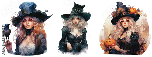beautiful curly witch girl in a pointy hat with a Black cat in watercolor,  isolated witch for halloween set,  generative AI