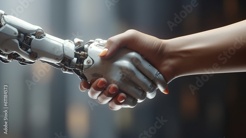 Human and artificial intelligence robot in a handshake to collaborate on future technology. Ai and human partnership. Person shake hand with machine or robot. Generative AI