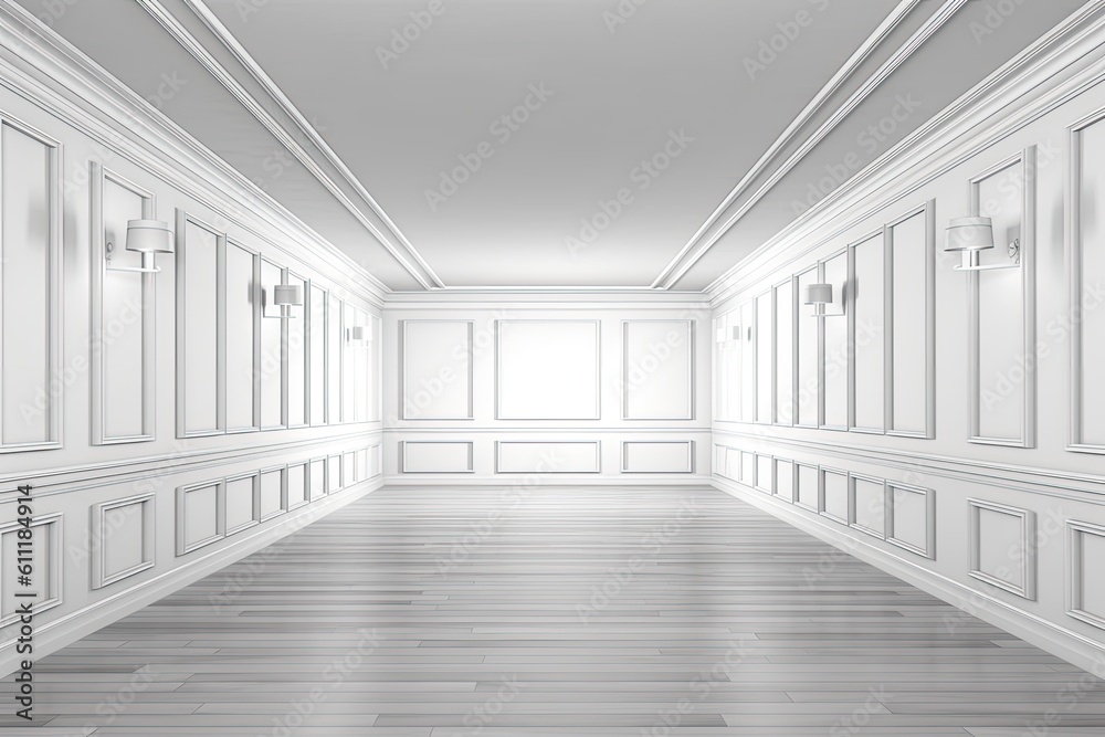 monochromatic interior in white. Classic interior with classic furniture and copy space. walls that have elaborate moldings. a parquet floor. electronic illustration Generative AI