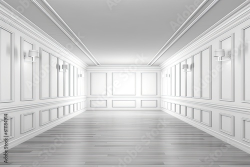 monochromatic interior in white. Classic interior with classic furniture and copy space. walls that have elaborate moldings. a parquet floor. electronic illustration Generative AI