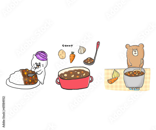 カレーとカレーを作る動物・具材
