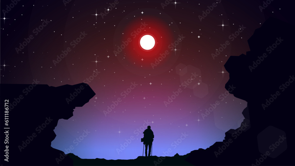 Adventurous man hiker. A Man hiking in the mountains with backpack. Purple night sky HD wallpaper. starry night sky. Traveler with walking sticks. hiking silhouette vector.