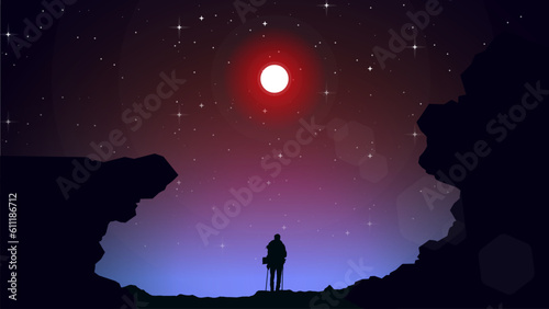 Adventurous man hiker. A Man hiking in the mountains with backpack. Purple night sky HD wallpaper. starry night sky. Traveler with walking sticks. hiking silhouette vector.