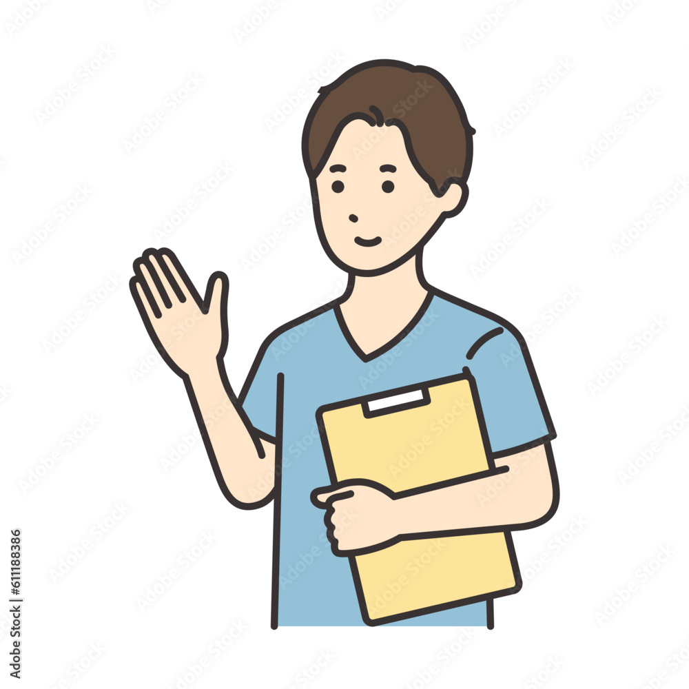 カルテを持って案内する看護師の男性のイラスト カルテを持って案内する看護師の男性のイラスト
