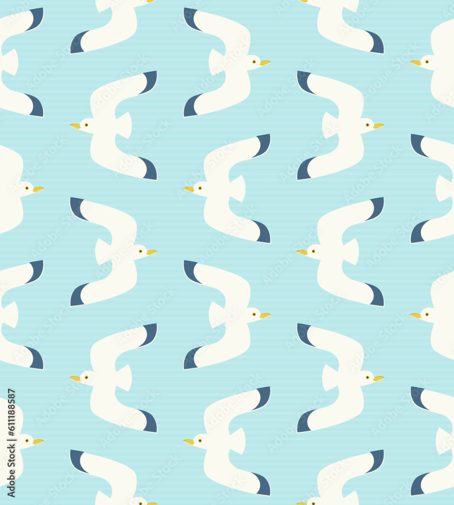 Seamless pattern with flying gulls. Flat and whimsical illustration of flying seagulls on subtle striped light blue background.