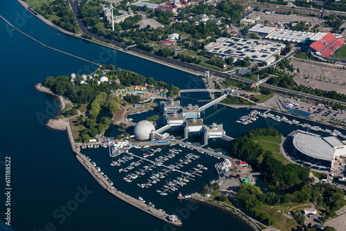 aerial view of the city of Toronto waterfront with Ontario Place and Marina.