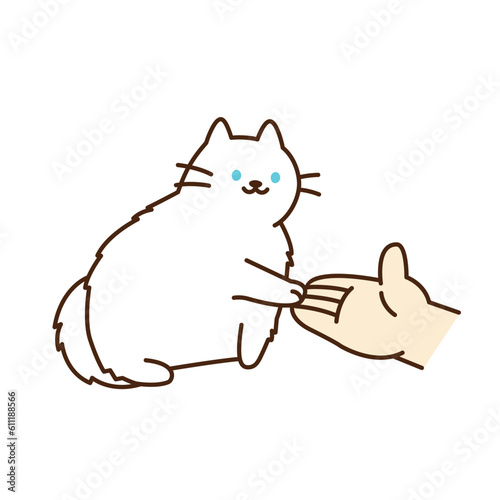 Cute cat. A white cat is putting its cat's paw on a person's hand.