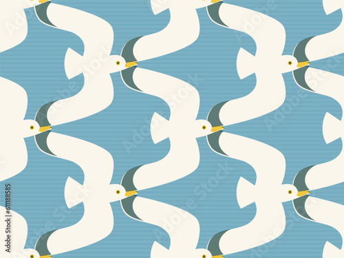 Seamless pattern with flying gulls. Flat and whimsical illustration of flying seagulls on subtle striped blue background.