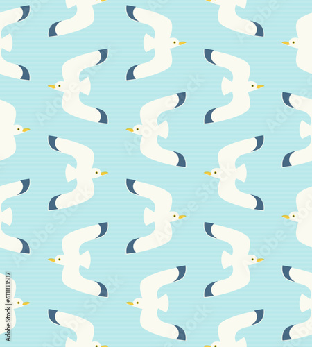 Seamless pattern with flying gulls. Flat and whimsical illustration of flying seagulls on subtle striped light blue background.