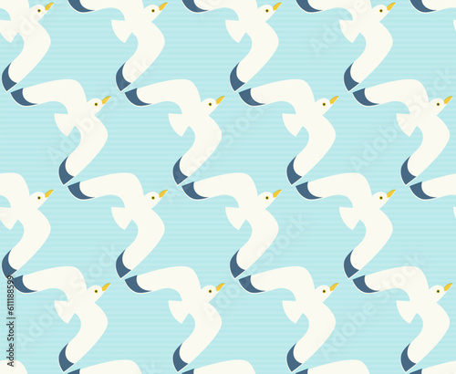 Seamless pattern with flying gulls. Flat and whimsical illustration of flying seagulls in line on subtle striped light blue background.