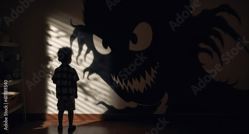  kid facing scary shadow of bad person in the shadow, nightmare, generative AI