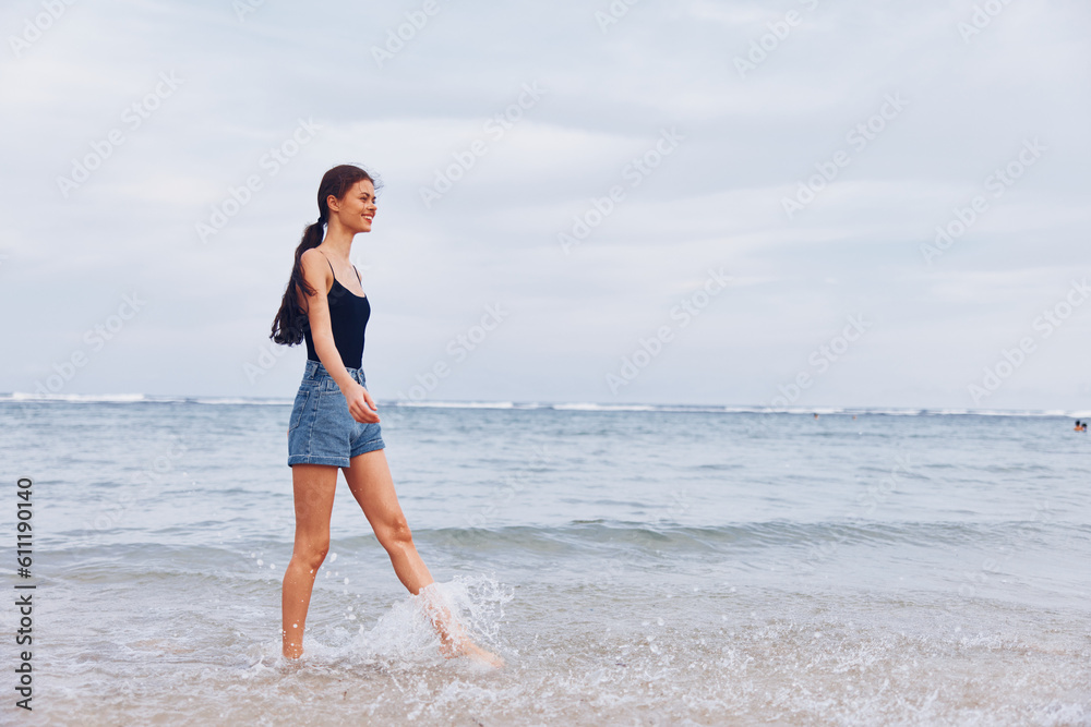 woman running lifestyle sea sunset space beach summer young travel copy smile woman running lifestyle sea sunset space beach summer young travel copy smile