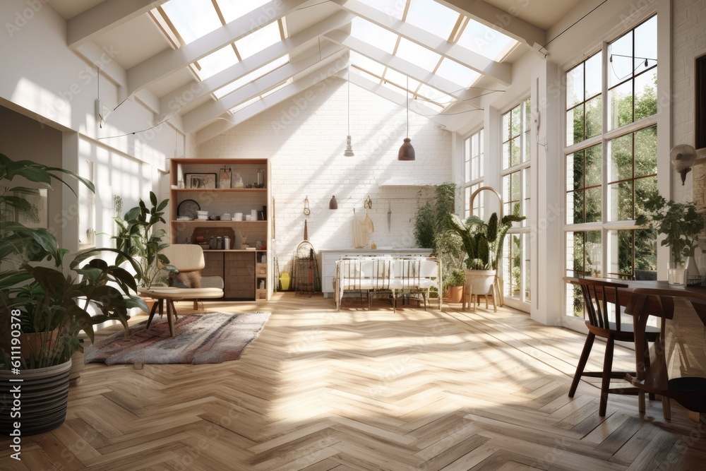 Parquet flooring, a contemporary white decor, and a Scandi-Boho aesthetic. Generative AI