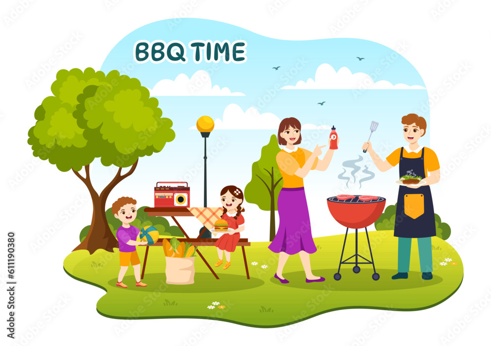 Naklejka premium Barbecue and Grill Set Vector Illustration Kids Grilling or BBQ Party Food at Park in Festival and Summer Cooking Cartoon Hand Drawn Templates