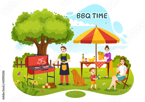 Barbecue and Grill Set Vector Illustration Kids Grilling or BBQ Party Food at Park in Festival and Summer Cooking Cartoon Hand Drawn Templates