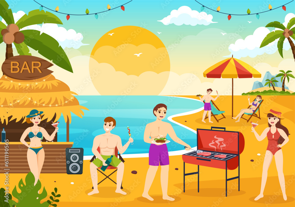 Barbecue and Grill Set Vector Illustration People Grilling or BBQ Party Food at Park in Festival and Summer Cooking Cartoon Hand Drawn Templates