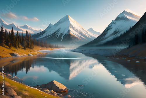 A beautiful sunrise over a lake with snow mountains on the background. Generative AI.