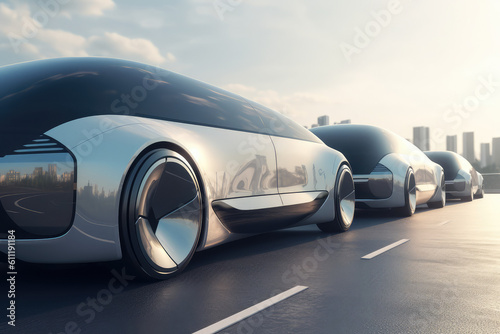 futuristic vehicles on highway with full self driving system activated for transportation autonomy concepts as wide banner with copy space area, generative AI