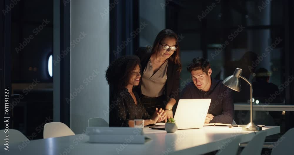 Laptop, business people teamwork and dark office collaboration on project deadline, overtime research or report. Group chat, cooperation and team work on online website design development at night