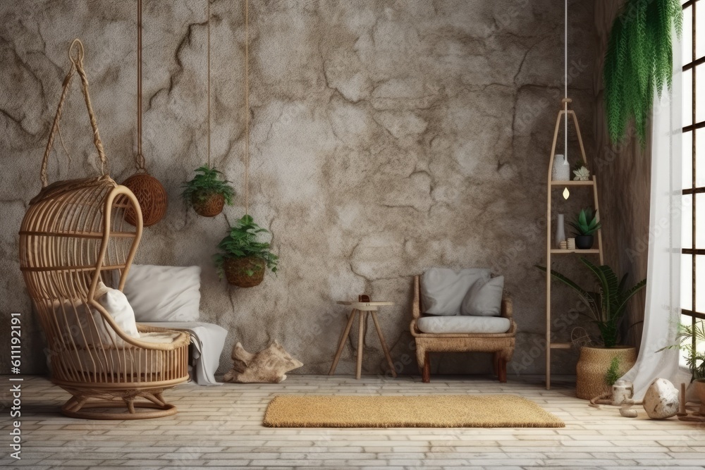 An interior house room is decorated with wicker furniture, a hanging cotton dry plant, a chair, a blanket, a vase, and a plant in front of a concrete and stone wall. Generative AI