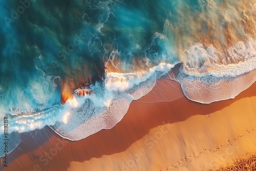 aerial view of the beach with sand and waves