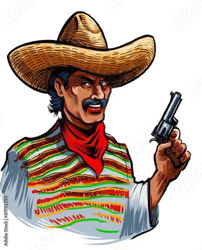 Mexican bandit in sombrero with gun. Hand-drawn ink on paper and hand colored on tablet