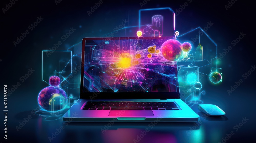 AI generated 3D image of Abstract network hologram over laptop pc screen. AI generated 3D image of Abstract network hologram over laptop pc screen.