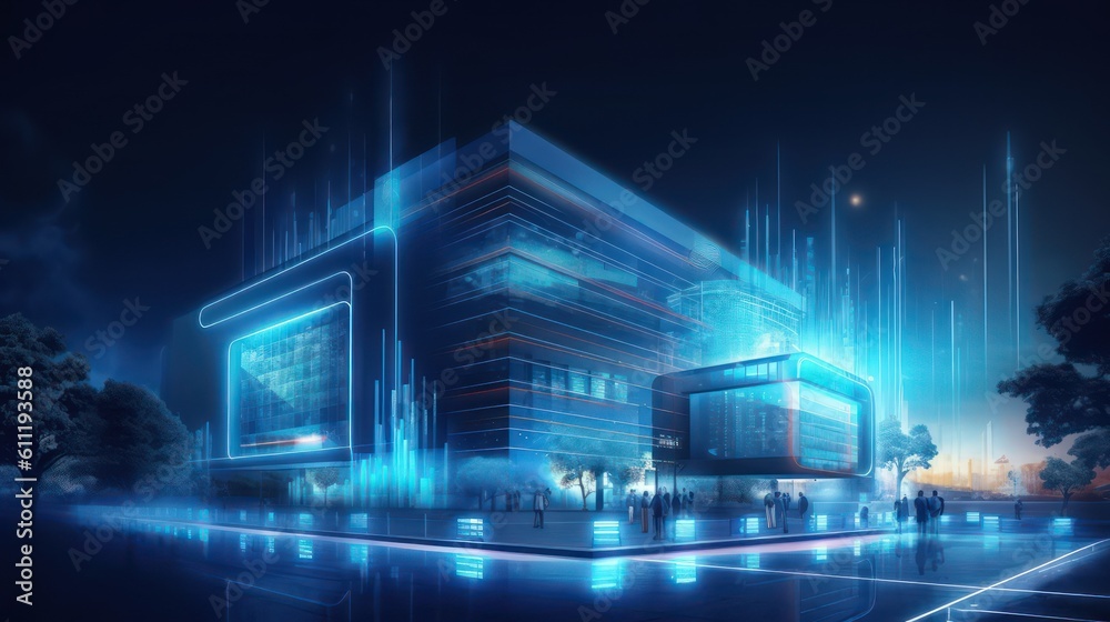 AI Generating picture of a futuristic commercial building with a neon light at night. AI Generating picture of a futuristic commercial building with a neon light at night.