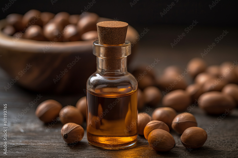 Argan essential oil and fresh argan nuts on the wooden table. Created with generative AI tools