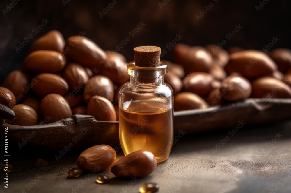 Argan essential oil and fresh argan nuts on the wooden table. Created with generative AI tools Argan essential oil and fresh argan nuts on the wooden table. Created with generative AI tools