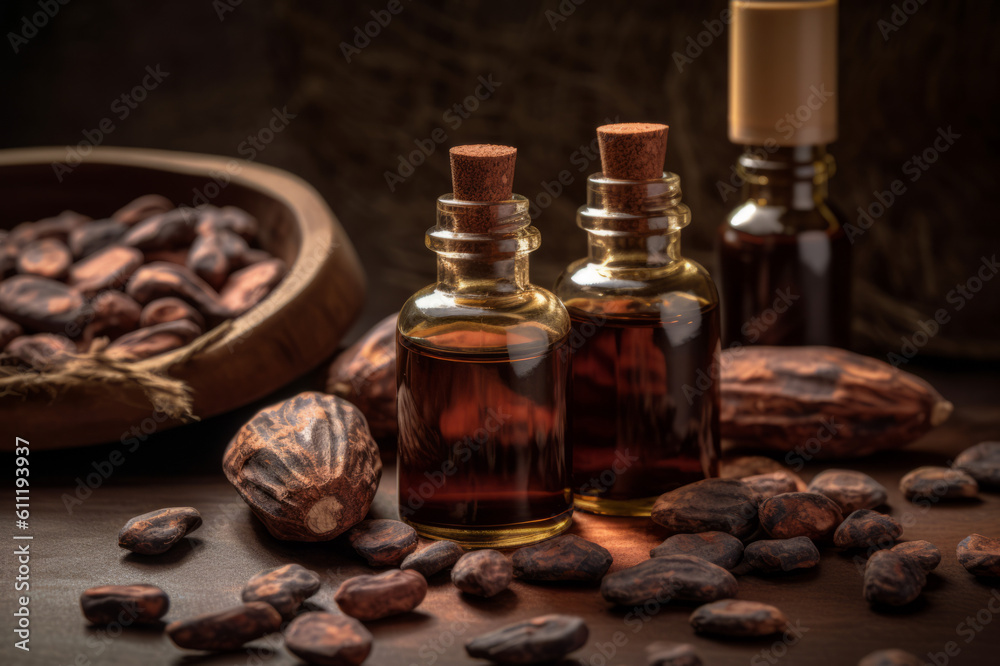 Extract cacao essential oil and cacao beans on the wooden table
