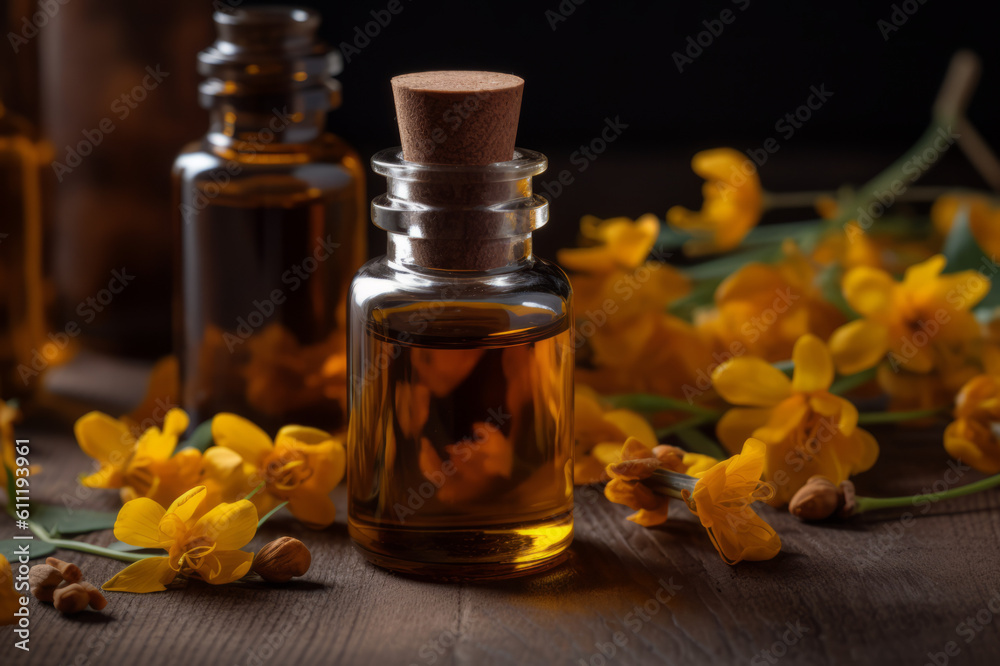 Cassia oil extract and cassia flowers on the wooden table. Created with generative AI tools Cassia oil extract and cassia flowers on the wooden table. Created with generative AI tools
