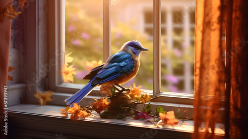 Bird on a window. Generative AI.