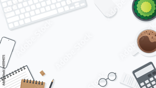 Cover and banner of working desk with gadget. Top view of table working and free space for text with computer, laptop, notebook, coffee cup, phone and paper.