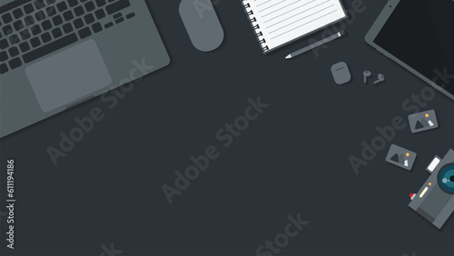Cover and banner of working desk with gadget. Top view of table working and free space for text with computer, laptop, notebook, coffee cup, phone and paper.