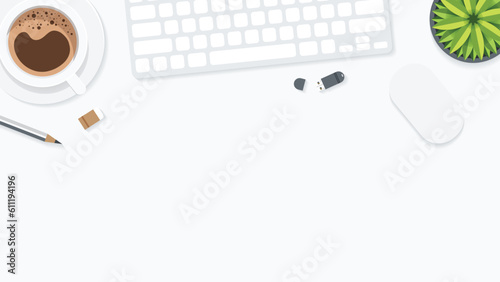 Cover and banner of working desk with gadget. Top view of table working and free space for text with computer, laptop, notebook, coffee cup, phone and paper.