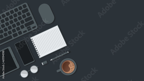 Cover and banner of working desk with gadget. Top view of table working and free space for text with computer, laptop, notebook, coffee cup, phone and paper.