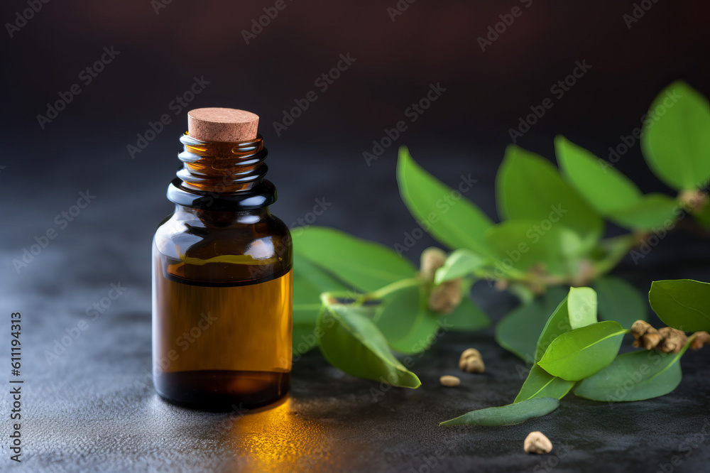Copaiba essential oil and fresh copaiba leaves on the wooden table. Created with generative AI tools Copaiba essential oil and fresh copaiba leaves on the wooden table. Created with generative AI tools