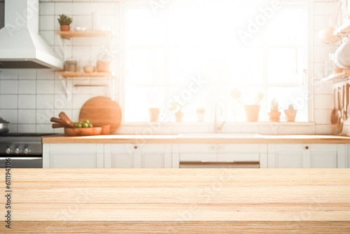 Empty Wood table top on blurred kitchen background..