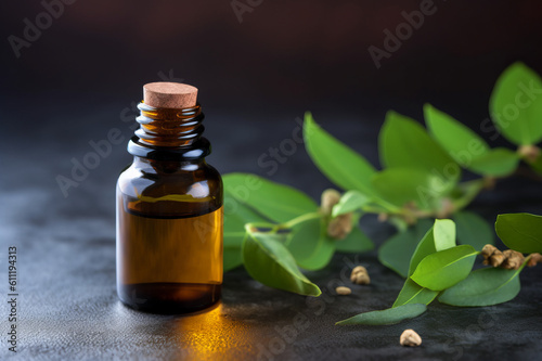 Copaiba essential oil and fresh copaiba leaves on the wooden table. Created with generative AI tools