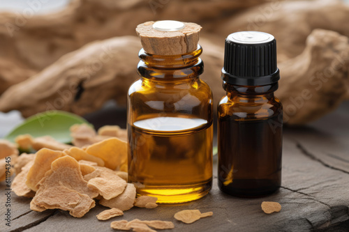 Copaiba essential oil and fresh copaiba leaves on the wooden table. Created with generative AI tools