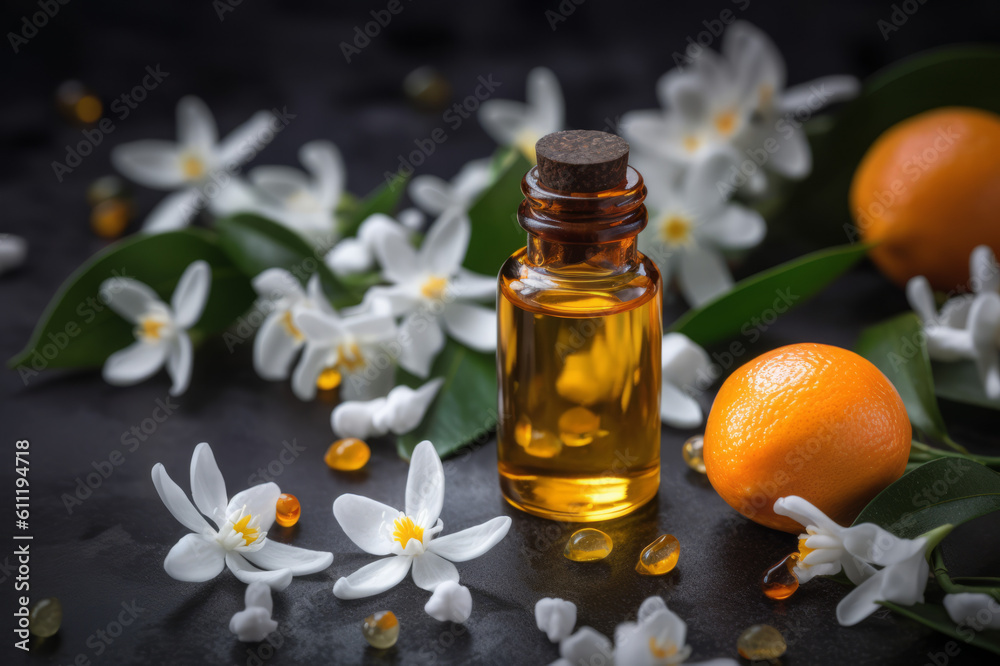 Italian neroli essential oil and fresh oranges with blooming flowers on the wooden table. Created with generative AI tools Italian neroli essential oil and fresh oranges with blooming flowers on the wooden table. Created with generative AI tools