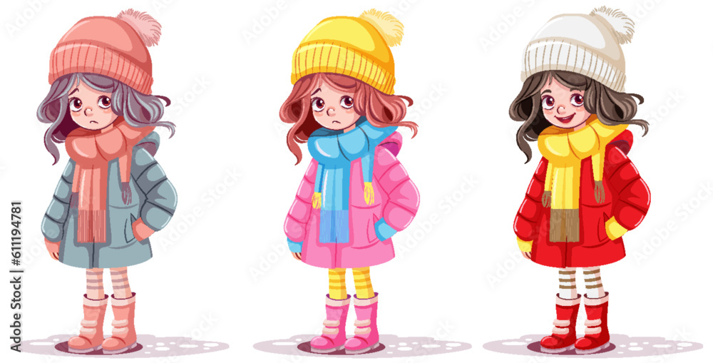 Set of cute girl cartoon character in winter cloth