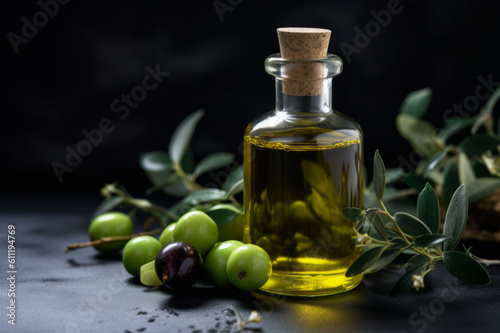 Olive essential oil and fresh olives on the wooden table. Created with generative AI tools
