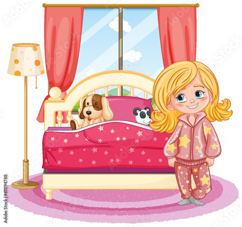 Cute girl in pajamas in bedroom at the morning