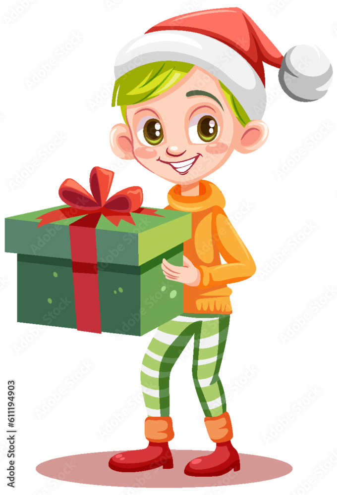 Christmas cartoon character holding gift box Christmas cartoon character holding gift box