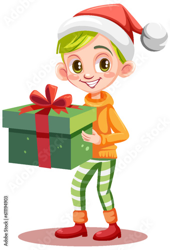 Christmas cartoon character holding gift box