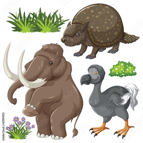 Set of various extinct animals