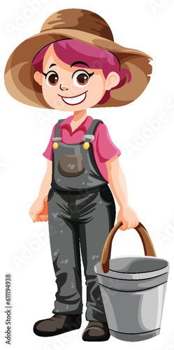 Cute gardener cartoon character with bucket